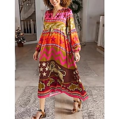 Women's Casual Dress Winter Dress Swing Dress Geometric Color Block Print Split Neck Long Dress Maxi Dress Vintage Outdoor Daily Long Sleeve Regular Fit Orange Fall Winter S M L XL 2XL Lightinthebox Women's Casual Dress Winter Dress Swing Dress Geometric Color Block Print Split Neck Long Dress Maxi Dress Vintage Outdoor Daily Long Sleeve Regular Fit Orange Fall Winter S M L XL 2XL Lightinthebox