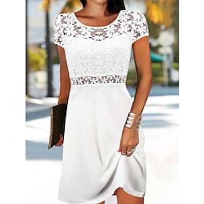 Women's Casual Dress Lace Dress White Dress Mini Dress Lace Outdoor Daily Date Fashion Streetwear Crew Neck Short Sleeve 2023 Regular Fit White Color S M L XL XXL Size Lightinthebox