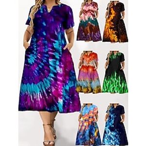 Women's Plus Size Casual Dress Skater Dress Tie Dye Midi Dress Short Sleeve Pocket Print V Neck Fashion Outdoor Yellow Pink Summer Spring L XL XXL 3XL 4XL Lightinthebox