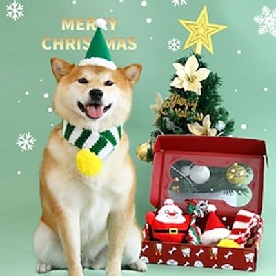 Pet Dog Christmas Wool Stripe Scarf Hat Toy Gift Box Product Sound Biting Joint Rope Penguin Old Man Set Lightinthebox