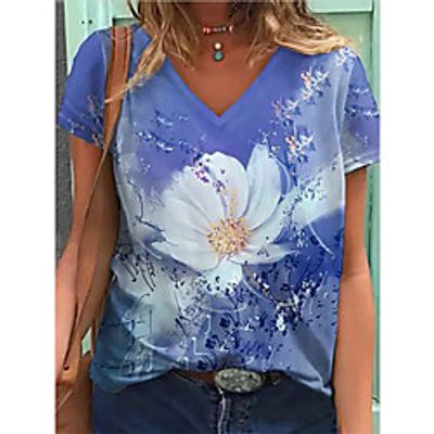 Women's Floral Theme T shirt Floral Patchwork Print V Neck Basic Tops Blue / 3D Print miniinthebox