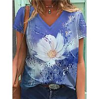 Women's Floral Theme T shirt Floral Patchwork Print V Neck Basic Tops Blue / 3D Print miniinthebox - thumbnail