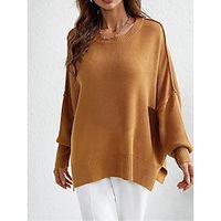 Women's Pullover Sweater Jumper Crew Neck Ribbed Knit Acrylic Split Fall Winter Regular Outdoor Daily Going out Stylish Casual Soft Long Sleeve Solid Color Black White Wine S M L miniinthebox - thumbnail