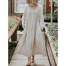 Women's White Dress Casual Dress Cotton Linen Dress Midi Dress Linen Cotton Blend Basic Modern Daily Weekend Crew Neck Pocket Long Sleeve Summer Spring 2023 Loose Fit Black Red Blue Plain S M L XL 2XL Lightinthebox