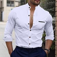 Men's Shirt Dress Shirt Button Up Shirt White Dark Blue Light Sky Blue Long Sleeve Color Block Standing Collar Spring   Fall Office  Career Wedding Party Clothing Apparel Pocket Lightinthebox - thumbnail