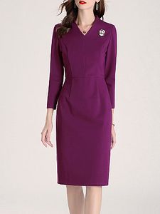 Elegant Slim-fit Solid Color Long-sleeved V-neck Dress