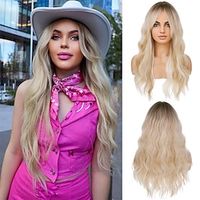 Long Blonde Wig with Bangs Long Curly Wavy Blonde Wig for Women Mixed Blonde Long Synthetic Wig (Mixed Blonde) miniinthebox