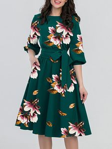 Round Neck Belt Floral Printed Skater Dress