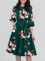 Round Neck Belt Floral Printed Skater Dress - thumbnail
