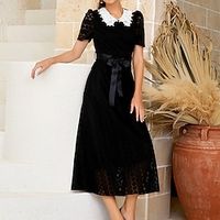 Women's A Line Dress Maxi long Dress Black Yellow Short Sleeve Print Pure Color Lace up Print Fall Summer Shirt Collar Fashion Modern 2022 S M L XL miniinthebox - thumbnail