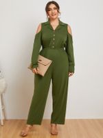 YOINS Plus Size Lapel Collar Button Design Cut Out Jumpsuit - thumbnail