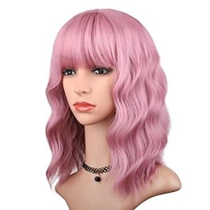 Pink Wig with Bangs for Women 14 Inch Short Bob Wavy Curly Wig Pastel Pink Hair Wigs Heat Resistant Synthetic Wigs miniinthebox