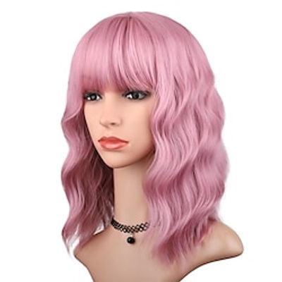 Pink Wig with Bangs for Women 14 Inch Short Bob Wavy Curly Wig Pastel Pink Hair Wigs Heat Resistant Synthetic Wigs miniinthebox
