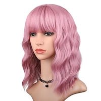 Pink Wig with Bangs for Women 14 Inch Short Bob Wavy Curly Wig Pastel Pink Hair Wigs Heat Resistant Synthetic Wigs miniinthebox - thumbnail