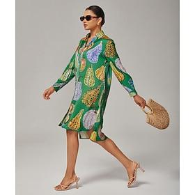 Women's Green Pumpkin Print Shirt Dress V Neck Loose Fit Asymmetrical Hem Split Design Bold Stylish Fashion Forward Daily Work Party Fall