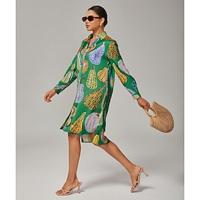 Women's Green Pumpkin Print Shirt Dress V Neck Loose Fit Asymmetrical Hem Split Design Bold Stylish Fashion Forward Daily Work Party Fall