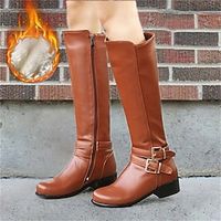 Women's Boots Motorcycle Boots Plus Size Work Boots Outdoor New Year Daily Fleece Lined Knee High Boots Buckle Flat Heel Round Toe Vintage Plush Casual Faux Leather Zipper Black Brown miniinthebox