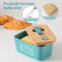 Butter Dish With Bamboo Lid And Knife, Large Ceramic Butter Dish With Quality Silicone Sealing, Ideal For Kitchen Baking And Gifting, Airtight Butter Keeper Container miniinthebox - thumbnail