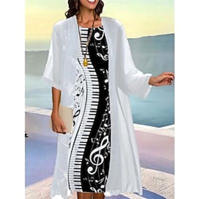 Women's Two Piece Dress Set Casual Dress Print Dress Outdoor Daily Fashion Elegant Print Midi Dress Crew Neck 34 Length Sleeve Graphic Regular Fit Black Wine Blue Summer Spring S M L XL XXL Lightinthebox