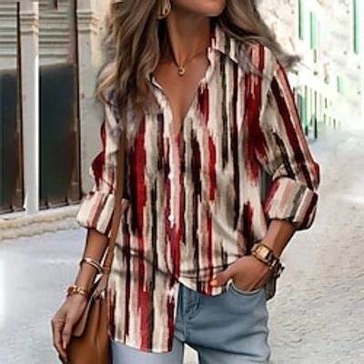 Women's Shirt Blouse Red Blue Green Striped Button Print Long Sleeve Casual Fashion Shirt Collar Regular Fit Spring   Fall Lightinthebox