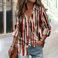 Women's Shirt Blouse Red Blue Green Striped Button Print Long Sleeve Casual Fashion Shirt Collar Regular Fit Spring   Fall Lightinthebox - thumbnail