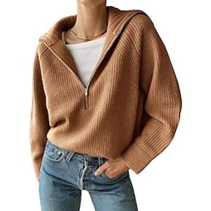 Women's Pullover Sweater Jumper Jumper Ribbed Knit Regular Zipper Solid Color Shirt Collar Stylish Casual Daily Going out Fall Winter Black Wine S M L miniinthebox