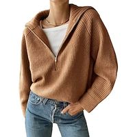 Women's Pullover Sweater Jumper Jumper Ribbed Knit Regular Zipper Solid Color Shirt Collar Stylish Casual Daily Going out Fall Winter Black Wine S M L miniinthebox - thumbnail