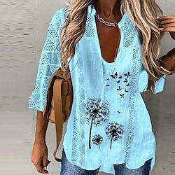 Women's Shirt Blouse Floral Butterfly Daily Vacation Lace up Lace Print Black 3/4 Length Sleeve Casual V Neck Spring Summer Lightinthebox