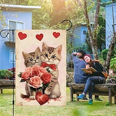 Valentine's Day Garden Flag 12x18Inch Outdoor Decorations Welcome Garden Patio Flag Roses Cat Couple Yard Flag Double Sided Holiday Outdoor Flags 1pc Lightinthebox
