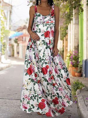 V-neck Loose Printed Vacation Sleeveless Maxi Dress