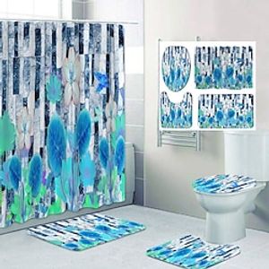 4 Pcs Shower Curtain Set Bathroom Sets Wooden Flower Modern Home Bathroom Decor with Bath Mat U Shape and Toilet Lid Cover Mat and 12 Hooks miniinthebox