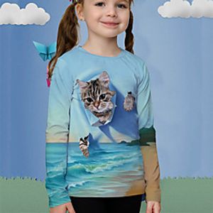 Kids Girls' T shirt Long Sleeve 3D Print Cat Animal Light Blue Children Tops Fall Active Regular Fit 4-12 Years Lightinthebox