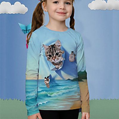 Kids Girls' T shirt Long Sleeve 3D Print Cat Animal Light Blue Children Tops Fall Active Regular Fit 4-12 Years Lightinthebox