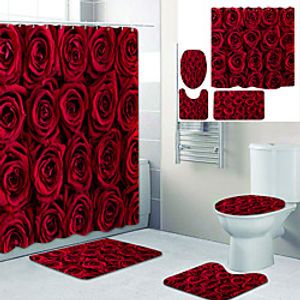 Bright Red Rose Printed Bathroom Home Decoration Bathroom Shower Curtain lining waterproof shower curtain with 12 hooks floor mats and four-piece toilet mats. Lightinthebox