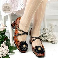 Women's Heels Pumps Retro Handmade Shoes Vintage Shoes Wedding Party Floral Flower Block Heel Fantasy Heel Round Toe Elegant Vintage Leather T-Strap Brown Lightinthebox