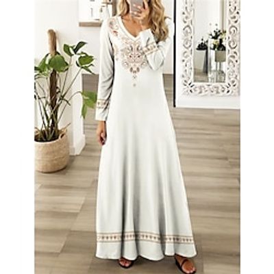 Women's Vintage Dress Casual Dress Floral Print V Neck Long Dress Maxi Dress Vintage Maxi Street Vacation Long Sleeve Loose Fit White Navy Blue Purple Spring S M L XL 2XL Lightinthebox