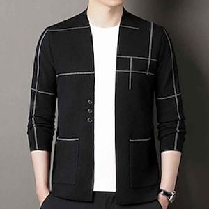 Men's Cropped  Sweater Cardigan Sweater Fall Sweater Ribbed Knit Regular Knitted Stripe V Neck Warm Ups Modern Contemporary Daily Wear Going out Clothing Apparel Fall Winter Black Camel S M L Lightinthebox