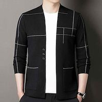 Men's Cropped  Sweater Cardigan Sweater Fall Sweater Ribbed Knit Regular Knitted Stripe V Neck Warm Ups Modern Contemporary Daily Wear Going out Clothing Apparel Fall Winter Black Camel S M L Lightinthebox - thumbnail