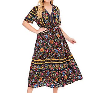 Women's Plus Size Dress A Line Dress Midi Dress Flare Cuff Sleeve Short Sleeve Floral Graphic Lace Patchwork Basic Fall Summer Dark Blue L XL XXL 3XL 4XL Lightinthebox