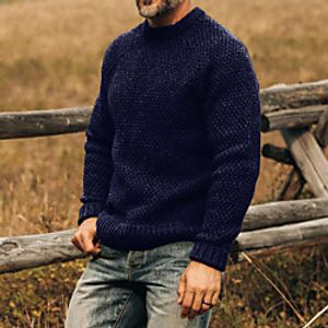 Men's Unisex Pullover Sweater Knitted Solid Color Vintage Style Chunky Long Sleeve Sweater Cardigans Crew Neck Fall Winter Black Navy Blue Lightinthebox