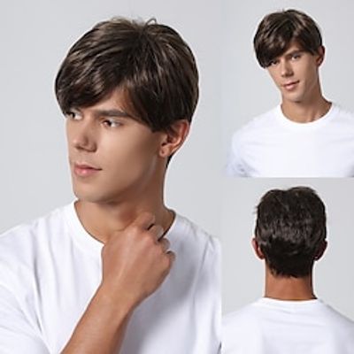 Synthetic Wig kinky Straight Middle Part Layered Haircut Machine Made Wig 8 inch Brown Synthetic Hair Men's Cosplay Party Fashion Brown Christmas Party Wigs Lightinthebox