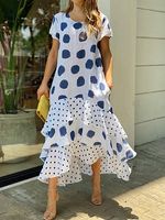 Women Casual Polka Dots Printed Short Sleeves Round Neck Maxi Dress