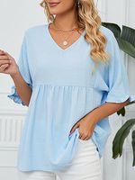 V-Neck Loose Casual Solid Color Short-Sleeved Blouse