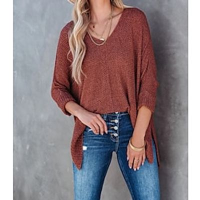 Women's Pullover Sweater Jumper Jumper Crochet Knit Asymmetric Hem Solid Color V Neck Casual Soft School Outdoor Summer Spring Light Brown Beige One-Size Lightinthebox