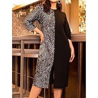 Women's Party Dress Sequin Dress Cocktail Dress Midi Dress Black 34 Length Sleeve Color Block Sequins Summer Spring Fall Crew Neck Fashion Wedding Guest Vacation Fall Dress S M L XL 2XL 3XL Lightinthebox - thumbnail