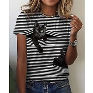 Women's Daily Weekend 3D Cat T shirt Tee Striped Cat 3D Short Sleeve Print Round Neck Basic Tops Black Blue Gray S  3D Print Lightinthebox