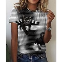 Women's Daily Weekend 3D Cat T shirt Tee Striped Cat 3D Short Sleeve Print Round Neck Basic Tops Black Blue Gray S  3D Print Lightinthebox - thumbnail