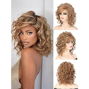 14 inch Short Curly Wavy Bob Wigs for Women Ombre Blonde Wavy Wigs with Side Bangs Synthetic Hair Wig miniinthebox