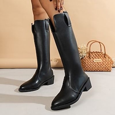 Women's Boots Cowboy Boots Block Heel Pointed Toe Classic Daily Walking Shoes PU Leather Zipper Fall Winter Solid Colored Black miniinthebox