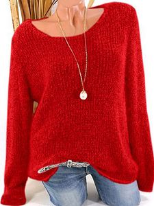 Low Round Collar Fashion Plain Long Sleeve Knit Pullover